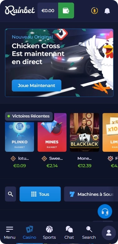 Page d'accueil Rainbet Casino avec jeux populaires et bonus 250% + 60 FS