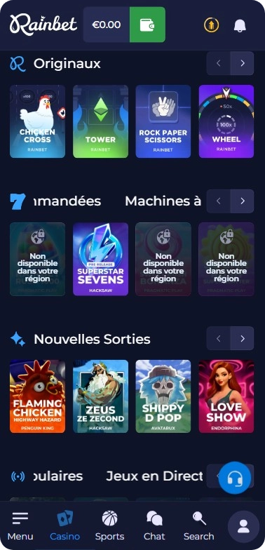 Catalogue de jeux Rainbet avec 6000+ slots et filtres de recherche