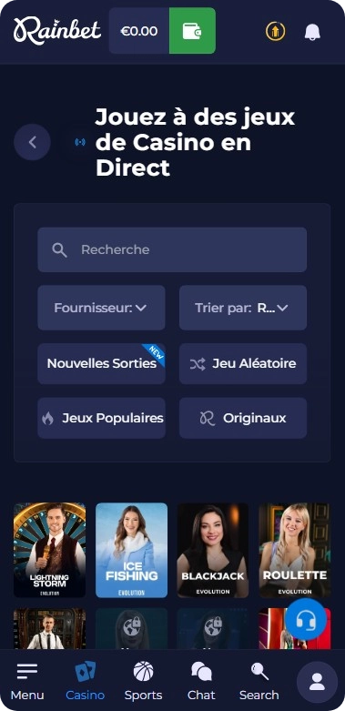 Casino en direct Rainbet avec croupiers réels et tables de jeu live