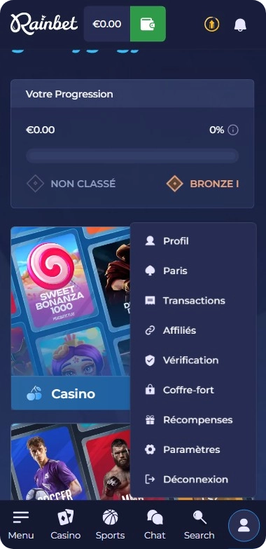Menu profil Rainbet affichant solde crypto et paramètres de compte