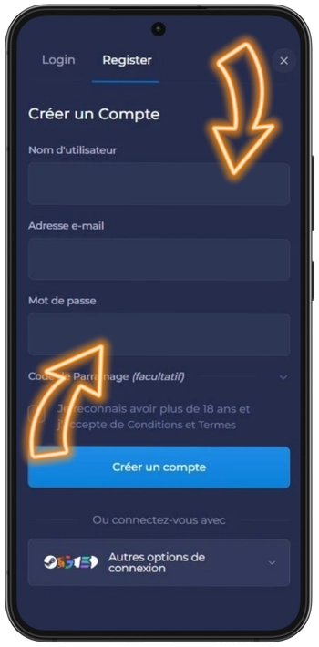 Étape 3 : Formulaire d'inscription Rainbet demandant nom d'utilisateur, email et mot de passe