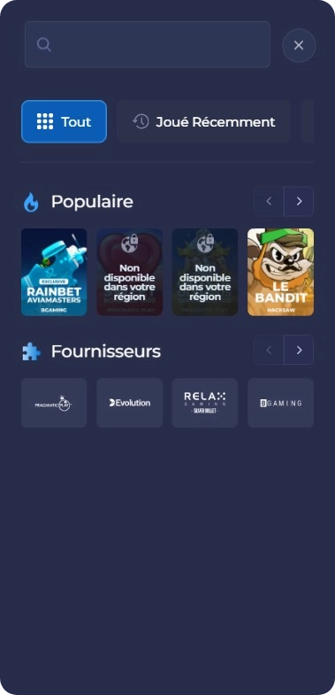 Recherche de jeux Rainbet avec filtres par type et fournisseur