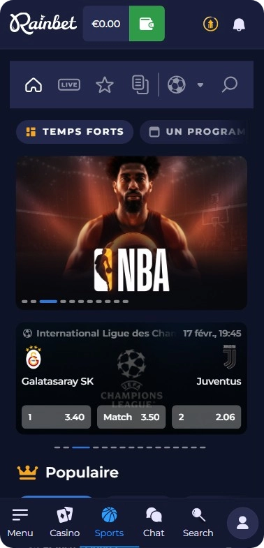 Section paris sportifs Rainbet couvrant 40+ disciplines avec cotes live